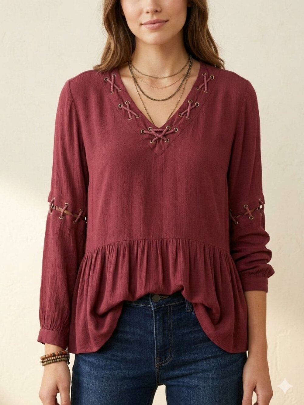 Indigo Thread Woven Gauze Long Rope Detail Peasant Top Shirt Large Boho